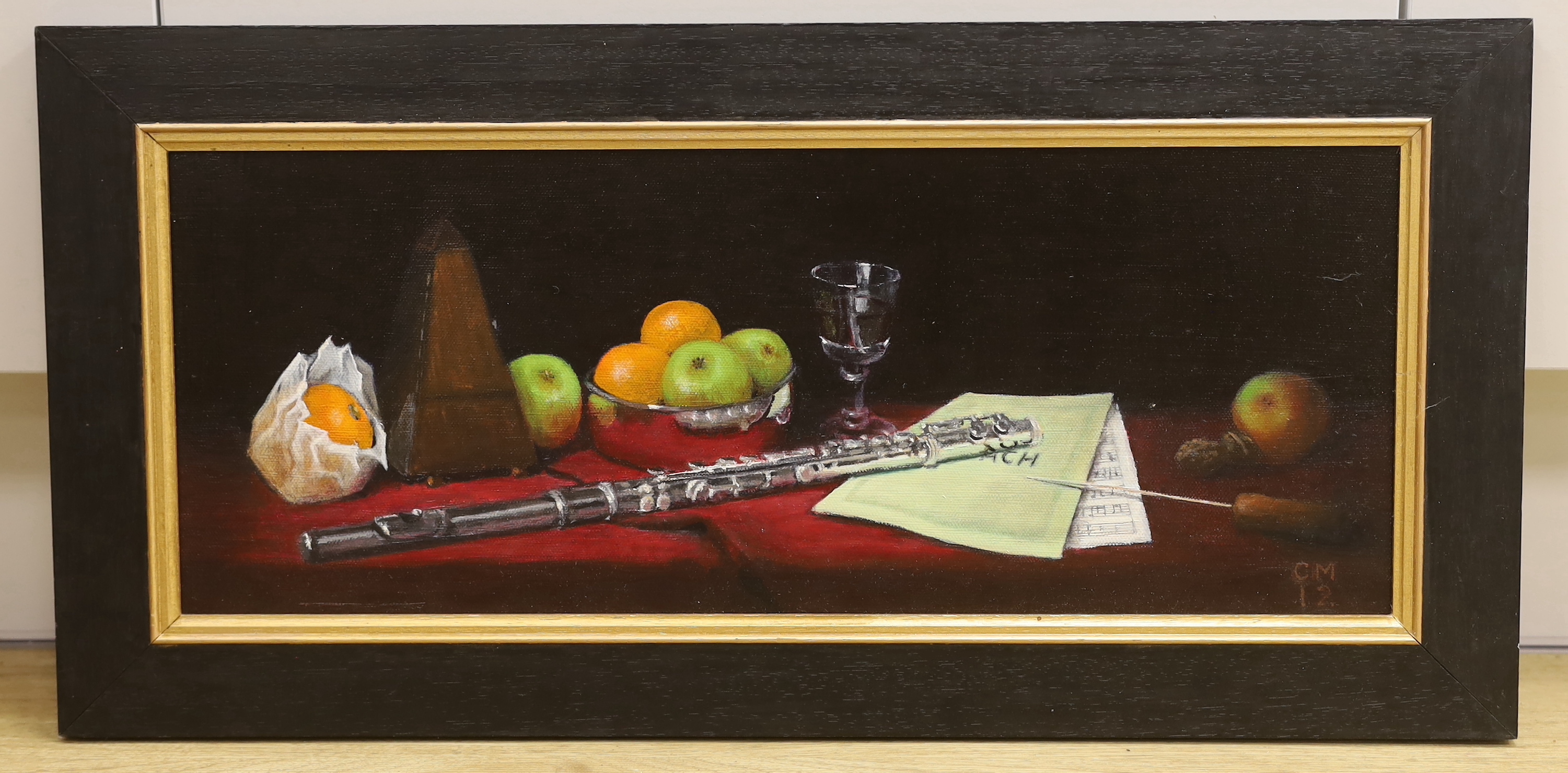 Clive Melbourne (contemporary), oil on canvas, Still life with flute initialled, 49 x 19cm